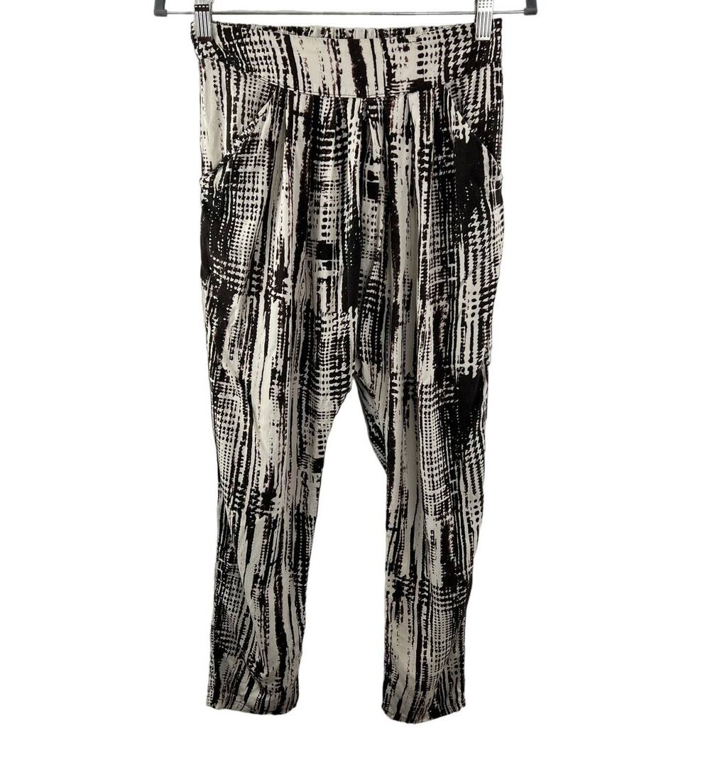 BLUSH Cream and Brown Printed Slouchy Cropped Pants Abstract Tapered Pockets S